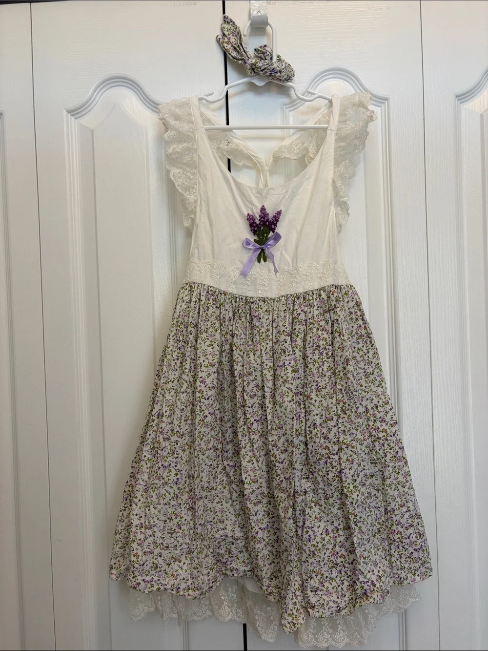 Be Girl White & Lavendar Floral Lace-Trim Open Back Dress 8T Wedding Cottage
